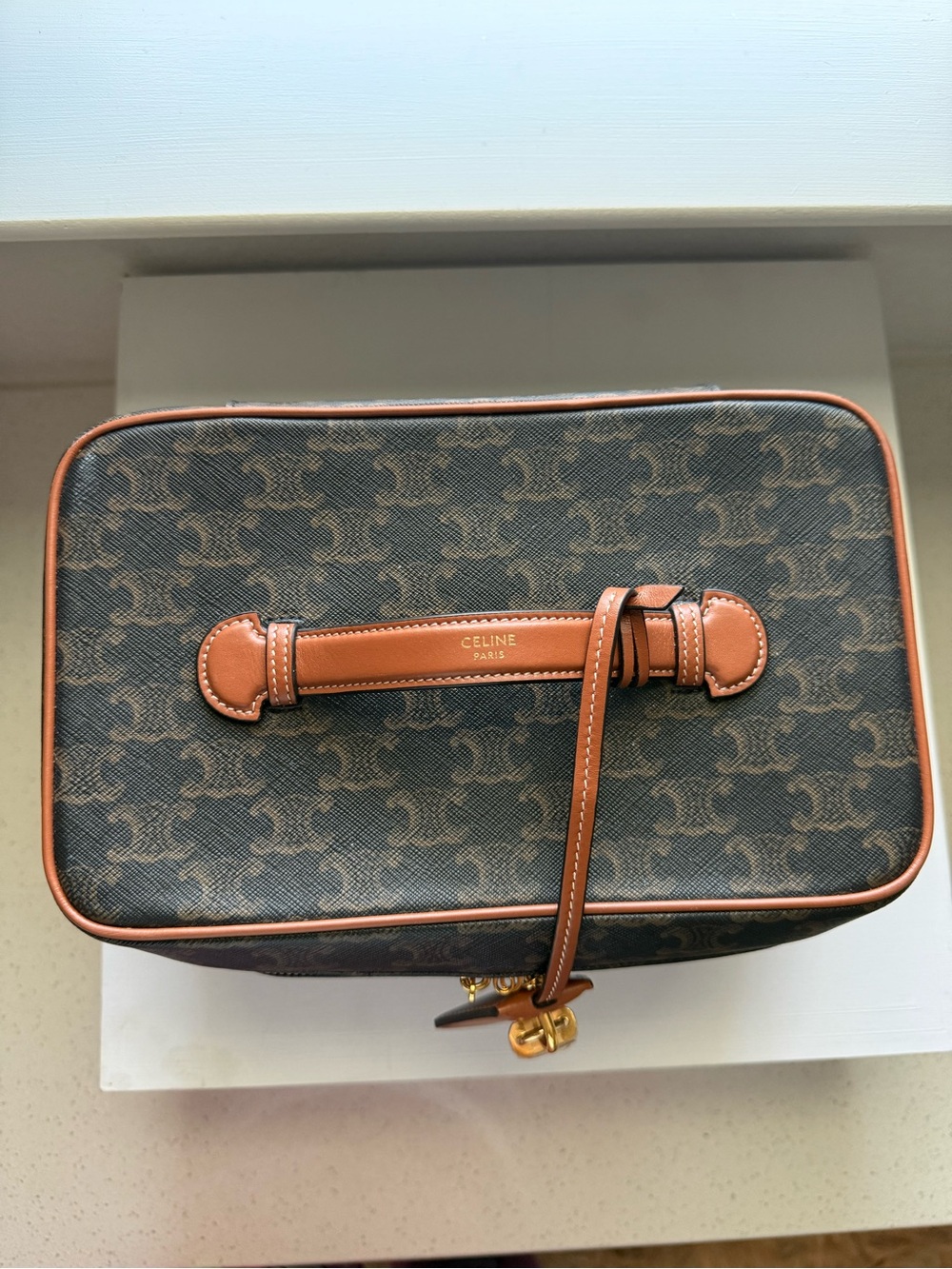 AUTHENTIC* Celine Brown Leather-Trimmed Tote with Gold Padlock